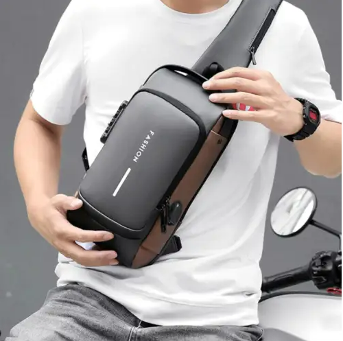 Anti-Theft Lock Sling Chest Bag - Grey/Brown_0